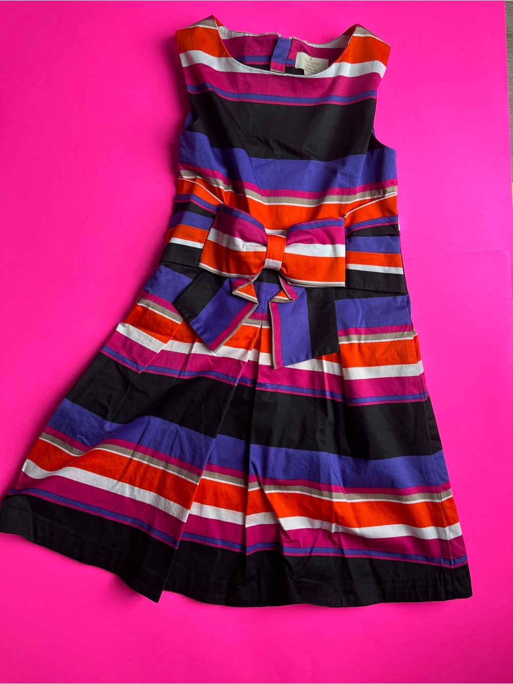 Kate Spade Girls 10y. Cotton Striped Bow-Waist Sleeveless Dress in Black, Purple